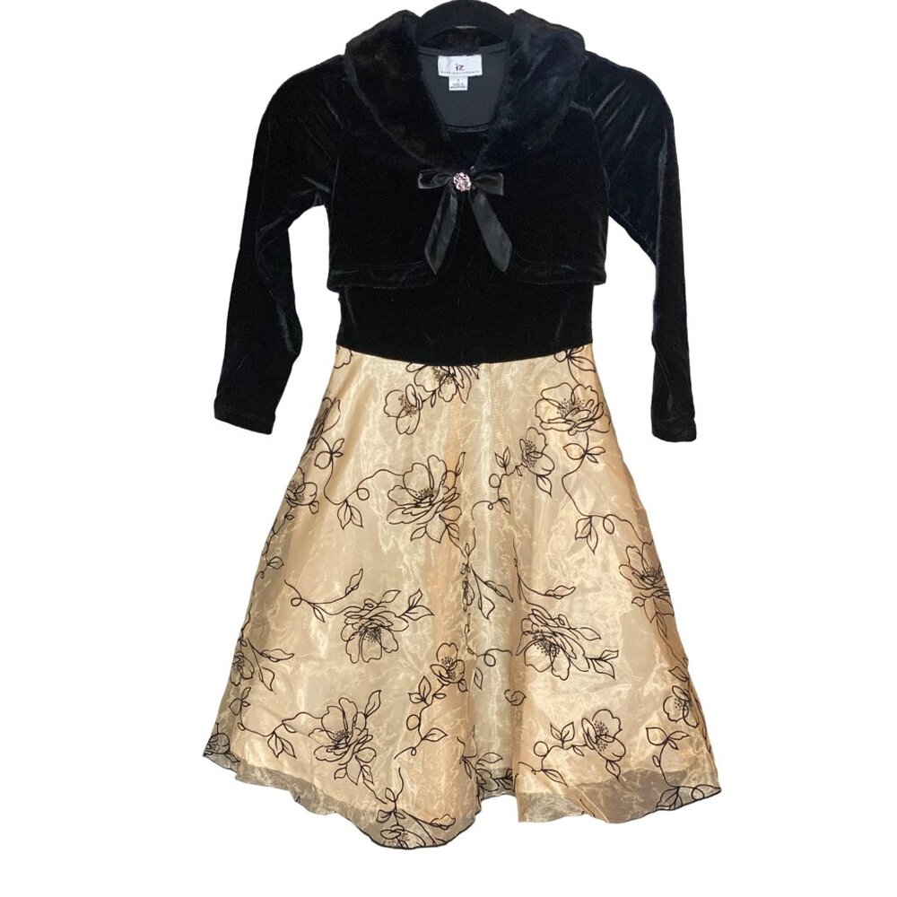 IZ Byer California Holiday Dress Party Girl 7 Black Velvet Fur Collar Gold Spark